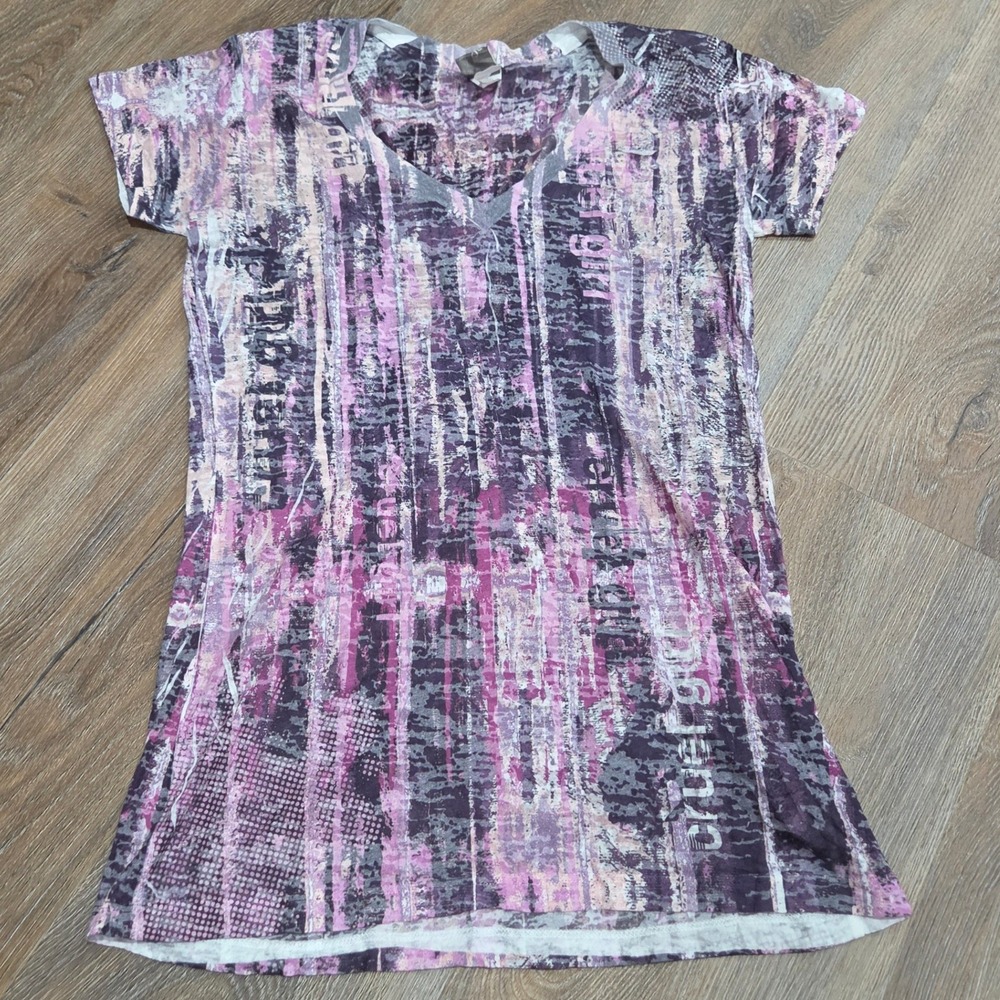 Cruel Girl Womens Purple Pink Abstract V-Neck Graphic T-Shirt Large